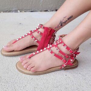 Red Nubuck Studded Strappy Flat Sandals for Women with Side Zipper Closure